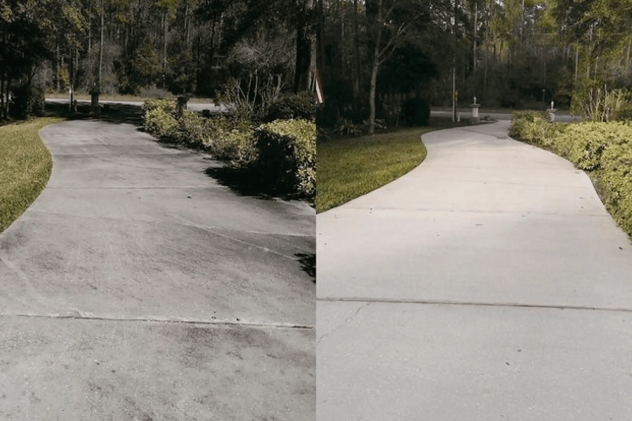 A side by side comparison shows a dirty, grey concrete driveway on the left, next to the same driveway on the right, now clean and a lighter, wet looking tan color. A long, winding concrete driveway stretches