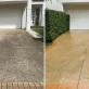 A side by side comparison shows a dirty, grey concrete driveway on the left, next to the same driveway on the right, now clean and a lighter, wet looking tan color.